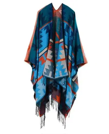 새상품 인디언풍 기하학 다이아 무늬 프린지 달린 케이프 코트