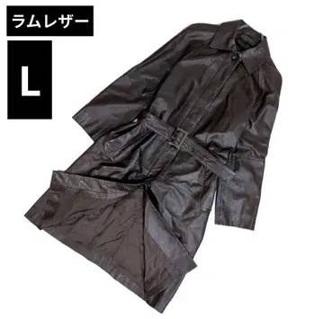 램 가죽 트렌치코트 벨트 A라인 플레어 롱 코트 L