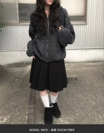 케이블 짜임 니트 지퍼 후드티 차콜 그레이 애니원모어