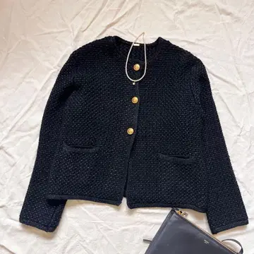 미라 오웬 트위드 자켓 노카라 골드 버튼 블랙 세레모니