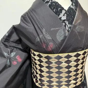 기모노 츠무기 블랙 후르츠 과일 다이쇼 로망 오샤레