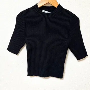 [ ZARA ] 자라 하이넥 리브 니트 스웨터 블랙 오부 소매 크롭 기장