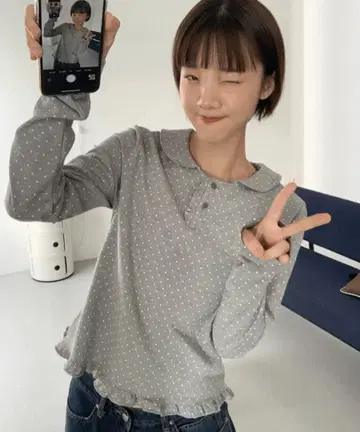 도트 무늬 그레이 긴팔 셔츠 미노키 도트 프릴 칼라티 셔츠