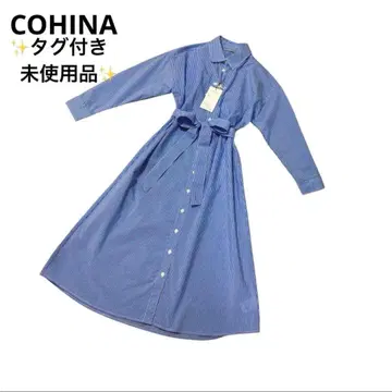 [ 미사용품 ] COHINA 셔츠 원피스 스트라이프 패턴 허리 리본