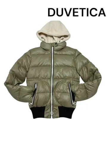 DUVETICA 다운 여성용 후드 부착 카키 광택 스타일리시