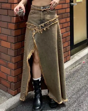 EVRIS 프린지 슬릿 롱 데님 스커트