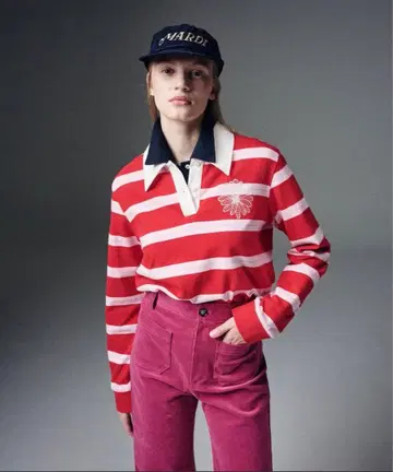 긴팔 피케 셔츠 빨간색과 화이트 스트라이프 F 사이즈