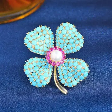 터콰이즈 블루 네잎클로버 브로치