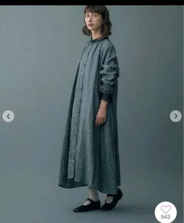 kazumi 콜라보 소매 자수 린넨 원피스 그레이