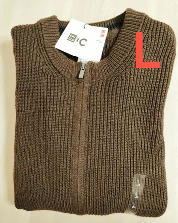 새상품 유니클로C 크루넥 풀 집업 가디건 덕 브라운 L 사이즈