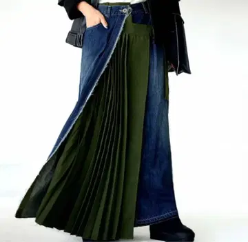 완판템 안티카 이소재 데님 플리츠 롱 스커트 맥시 길이 카키
