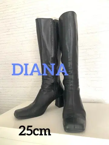 [ DIANA ] 블랙 가죽 롱 부츠 와이드 힐 25cm