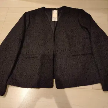 지유 트위드 노카라 자켓 XXL 네이비