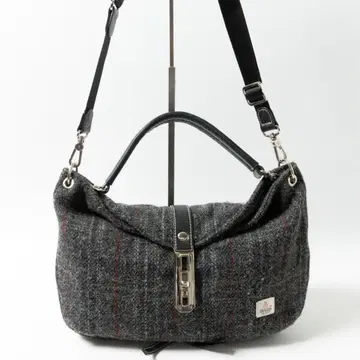 라 바가제리 x 해리스 트위드 숄더백 가죽 울 블랙