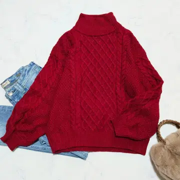 심플리시떼 케이블 니트 하이넥 스웨터 버건디 빨간색