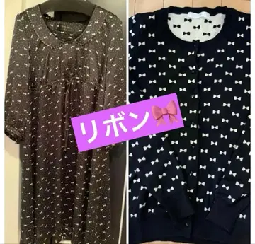 [ 기간 한정 ] 프랑슈리페 리본 무늬 원피스, 가디건 2종 세트