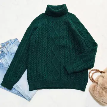 어반 리서치 케이블 니트 터틀 울 100% 긴팔 다크 그린
