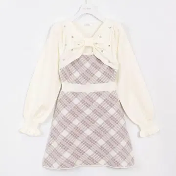 evelyn 에블린 긴팔 체크 리본 니트 OP 원피스 핑크