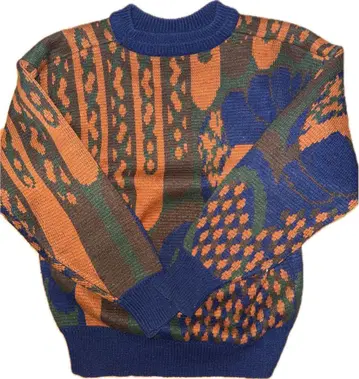 기하학 패턴 니트 스웨터 오렌지 파랑