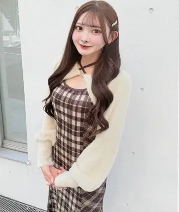 샤기 볼레로 롱 체크 원피스