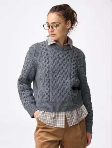 GU 지유 케이블 크루넥 니트 풀오버 그레이 S