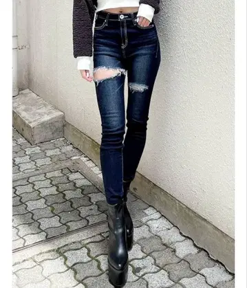 제이다 하이웨스트 THIGH 데미지 디자인 스키니 데님 팬츠