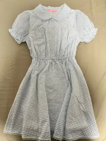 허니시나몬 스카이블루 깅엄 체크 반팔 원피스