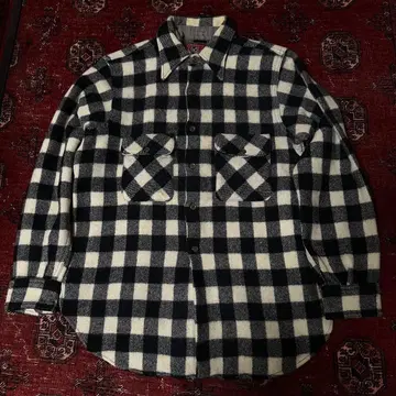 1950년대 화이트 블랙 울 블록 체크 셔츠 밴드 포함 실측치수 14.5