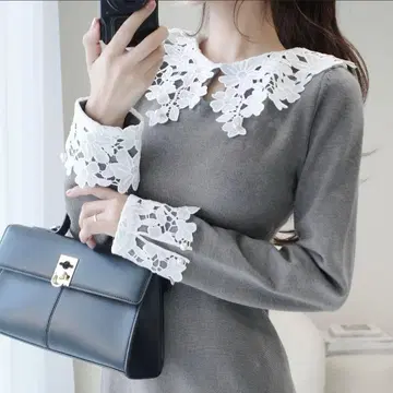 [ mily bilet ] 펄 사용 레이스 카라 니트 원피스