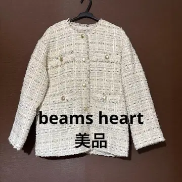 beams Heart 팬시 트위드 노카라 자켓