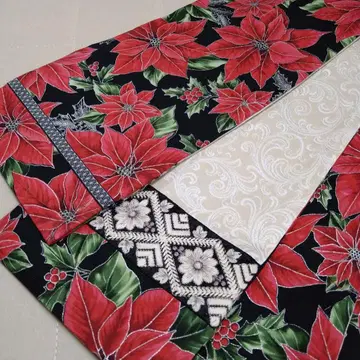 반폭 오비 크리스마스 포인세티아 블랙 베이스 실버