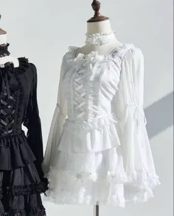 NoGenki 비침 고스 공주 소매 블라우스 플레어 스커트 세트 화이트