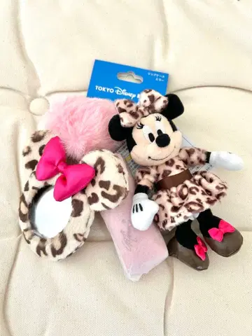 미니 레오파드 무늬 봉제 인형 참 립 케이스 거울 세트