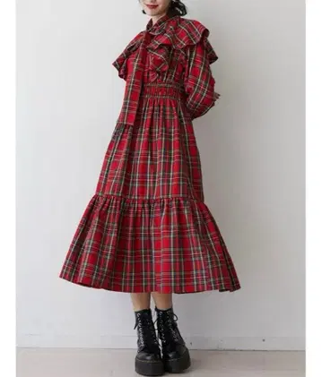 jouetie 체크 무늬 긴팔 원피스 M