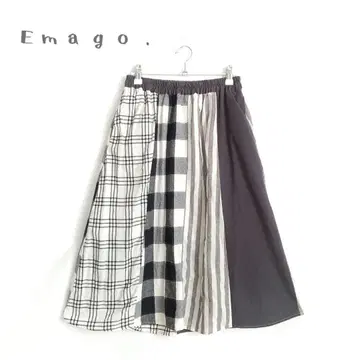 [ Emago ] 이소재 패치워크 스커트 면린넨 롱 스커트 나츄란 블랙