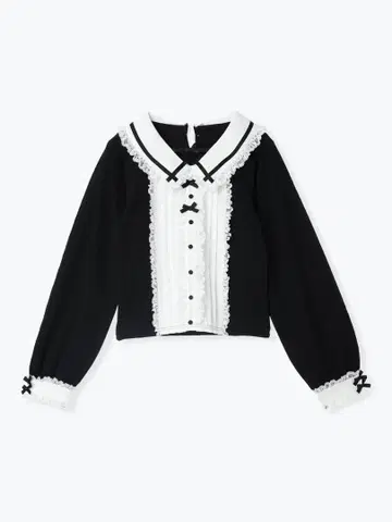 NOEMIE 메니 리본 핀턱 프릴 티셔츠 블랙