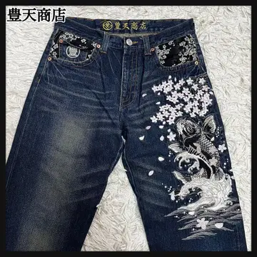 [ 새상품급 ] 호텐 상점 데님 일본풍 패턴 벚꽃 잉어 M 다크 네이비