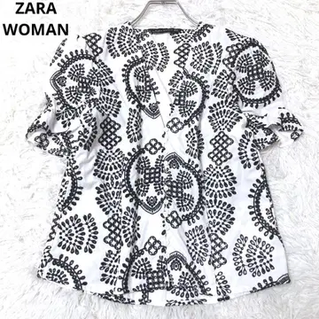 자라 우먼 반팔 블라우스 상의 V넥 퍼프 슬리브 자수 패턴 S