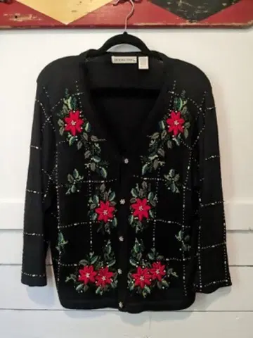 B.P.Design 가디건 니트 긴팔 블랙 꽃 비즈