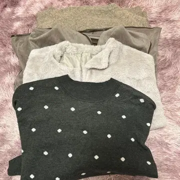 도트 무늬 스웨터와 후드 부착 자켓 세트