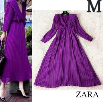 자라 롱 원피스 드레스 플리츠 쉬폰 보라색 퍼플 M