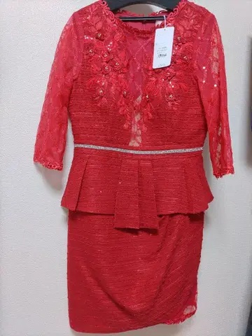 소브레 자수 레이스 턱 페플럼 원피스 레드 XL