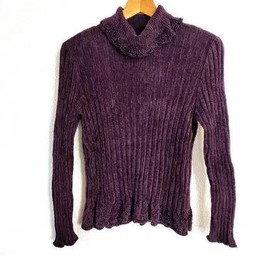 새상품급 Leilian 레리안 라메 비즈 터틀넥 니트 퍼플 일본제 9
