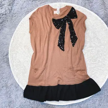 Sugar Rose 튜닉 블랙 스팽글 리본 니트 F 핑크