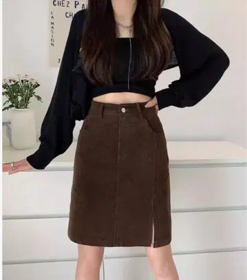 코듀로이 슬릿 타이트 스커트 (브라운)