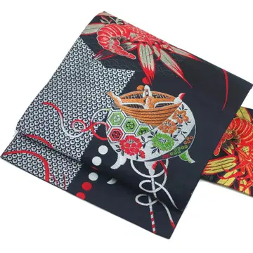 나고야 오비 블랙 베이스에 레트로한 실타래와 큰 새우 길상 문양 설날