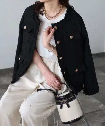 ap retro 트위드 포켓 노카라 자켓