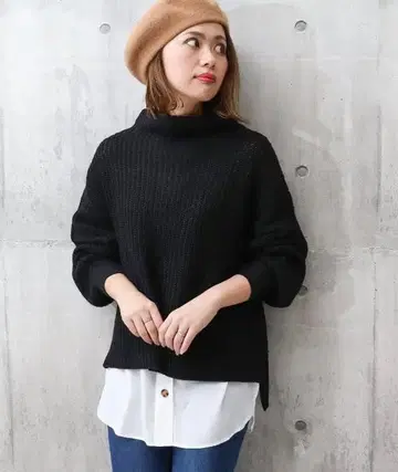 쁘띠 하이 보틀 모크넥 볼륨 소매 벌룬 슬리브 니트 빅 실루엣