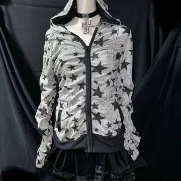 헤이세이 갸루 Y2K 그런지 다크코어 별 패턴 후드 부착 후드티