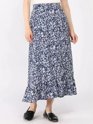 섀도우 플라워 프릴 롱 스커트 네이비